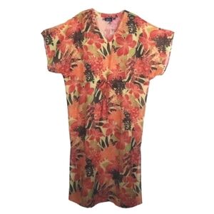 Tropical Beach Floral Maxi Beach Cover Up Cinch Waist V Neck Side Slits Pop Over